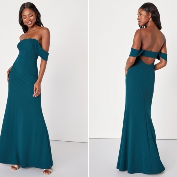 LULU's Sexy Prom Wedding Bridesmaid Emerald Green Off the Shoulder Mermaid Gown - Picture 1 of 3